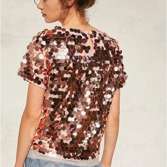 Eva Franco Anthropologie Sallia Sequin Rose Gold Tee NWT Size Small - Picture 15 of 16